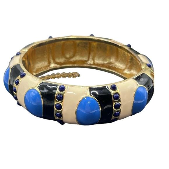 J. Crew Blue Enamel Tan Gold Tone Hinged Safety Chain Bangle Bracelet